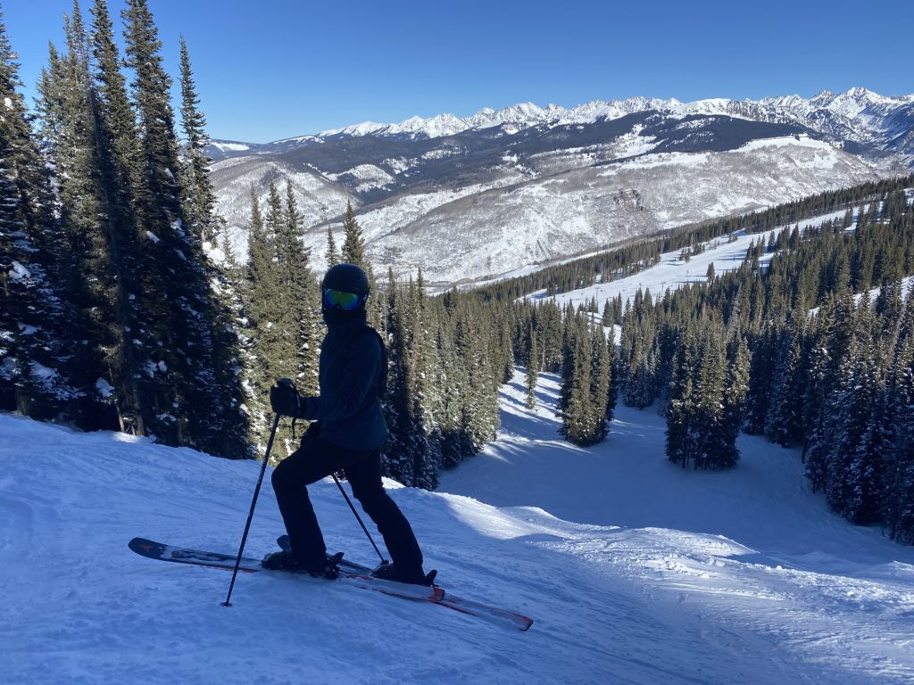 Person skiing with snowy mountains and trees.